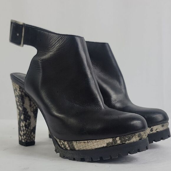AllSaints Sarris Black White Snakeprint Platform Slingback Booties - Picture 1 of 11